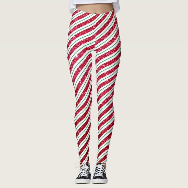 Cute Christmas Candy Cane Glitter Stripped Pattern Leggings (Front)