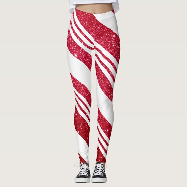 Cute Christmas Candy Cane Glitter Stripped Pattern Leggings (Front)