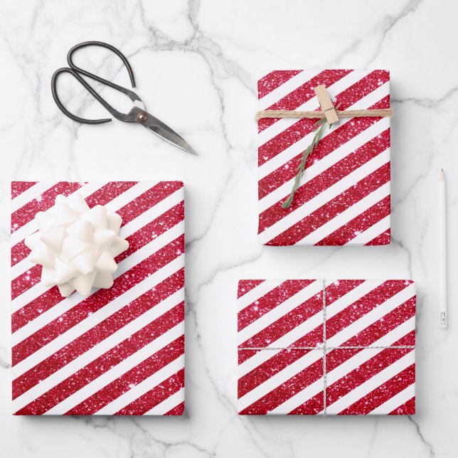 Cute Christmas Candy Cane Glitter Stripped Pattern Wrapping Paper Sheet (Front)