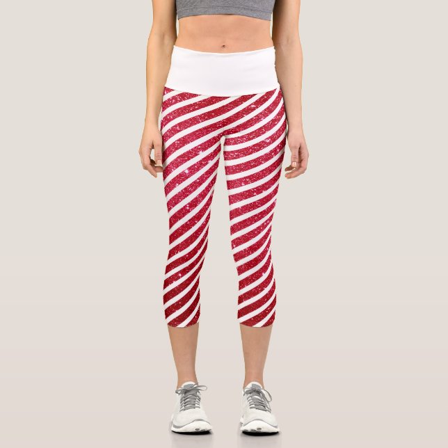 Cute Christmas Candy Cane Holiday Stripped Pattern Capri Leggings (Front)