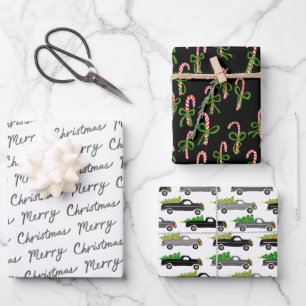 Cute Christmas Candy Canes Trucks  Xmas Holiday Wrapping Paper Sheet