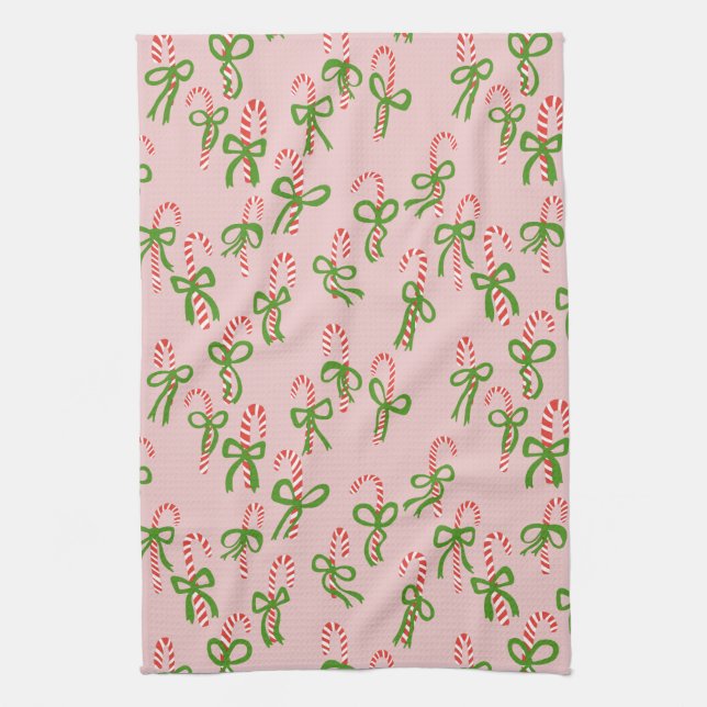 Cute Christmas Candy Canes Xmas Holiday Pink Tea Towel (Vertical)