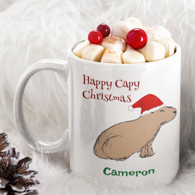 Cute Christmas Capybara Animal Santa Hat  Coffee Mug (This cute capybara Christmas mug features my hand-drawn animal in a Santa Hat and retro typography.)