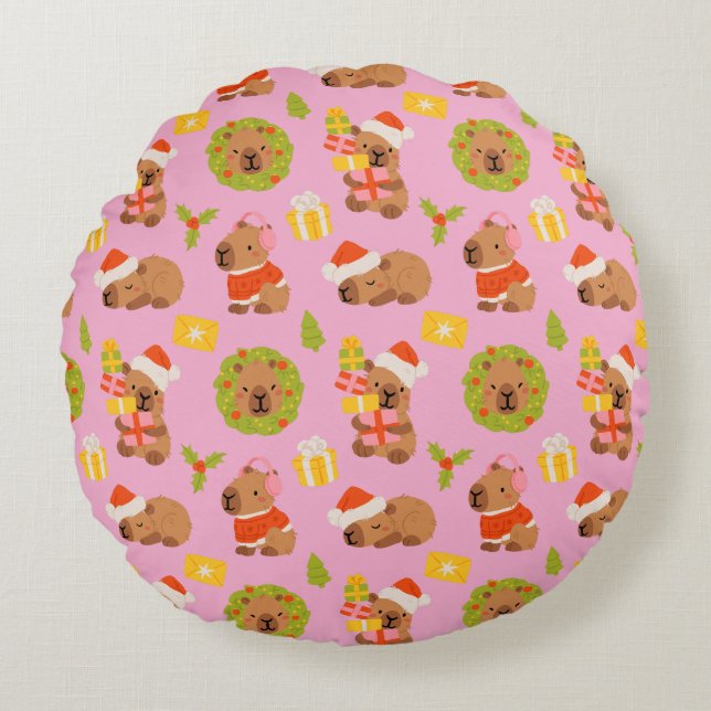 Cute Christmas Capybara Round Cushion (Front)
