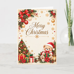Cute Christmas Card|Santa Bear, Tree, and Presents Card