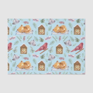 Cute Christmas Cardinal and Kitten Blue Tissue Paper