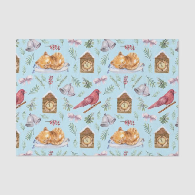 Cute Christmas Cardinal and Kitten Blue  Tissue Paper (Front)