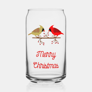 Cute Christmas Cardinals and Red Berries Custom Can Glass