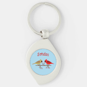 Cute Christmas Cardinals and Red Berries Custom Key Ring