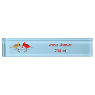Cute Christmas Cardinals and Red Berries Custom Nameplate