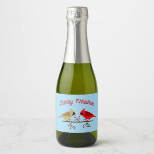 Cute Christmas Cardinals and Red Berries Custom Sparkling Wine Label