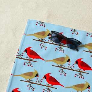 Cute Christmas Cardinals and Red Berries Patterned Beach Towel