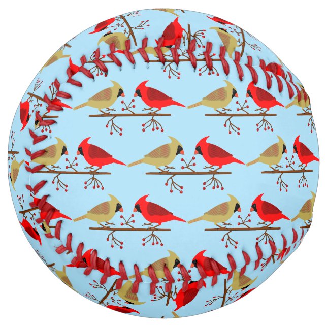 Cute Christmas Cardinals and Red Berries Patterned Softball (Front Left)