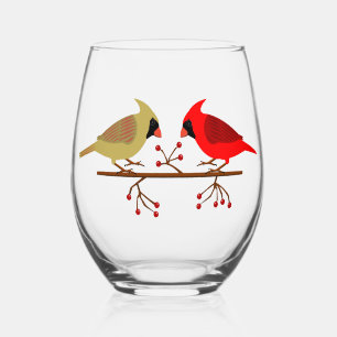 Cute Christmas Cardinals and Red Berries Stemless Wine Glass