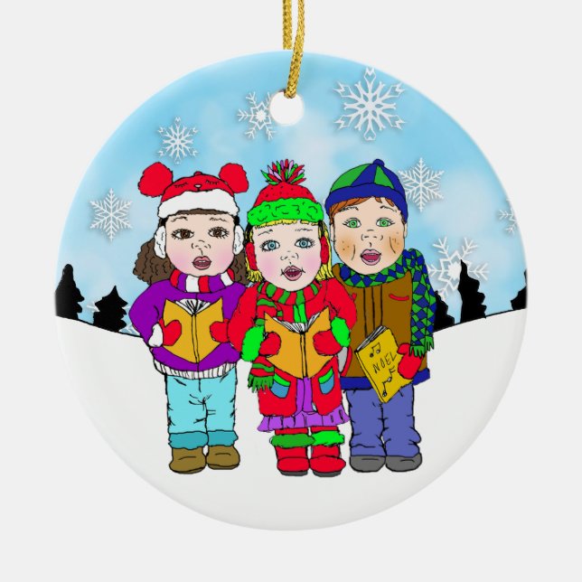 Cute Christmas Carolers Personalised Holiday Ceramic Tree Decoration (Front)