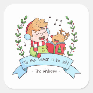 Cute Christmas Carols Boy and Reindeer Stickers
