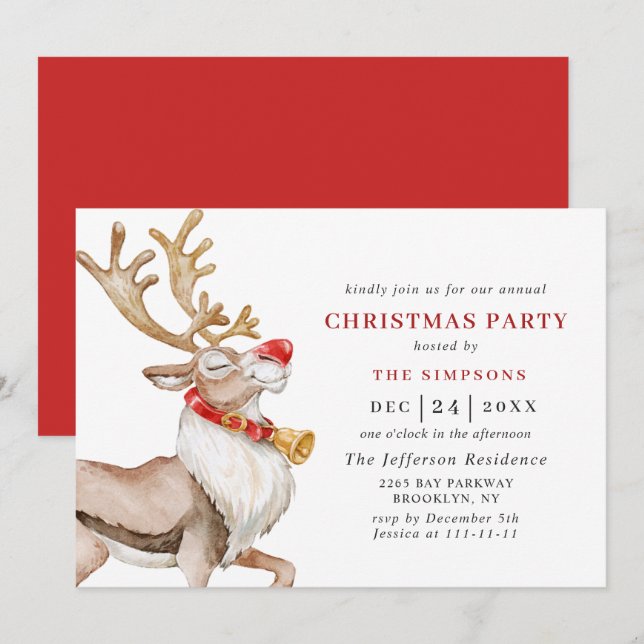 Cute Christmas Cartoon Reindeer Holiday Party Invitation (Front/Back)