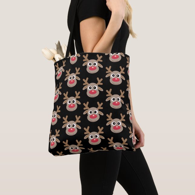 Cute Christmas Cartoon Reindeer Pattern Black Tote Bag (Close Up)