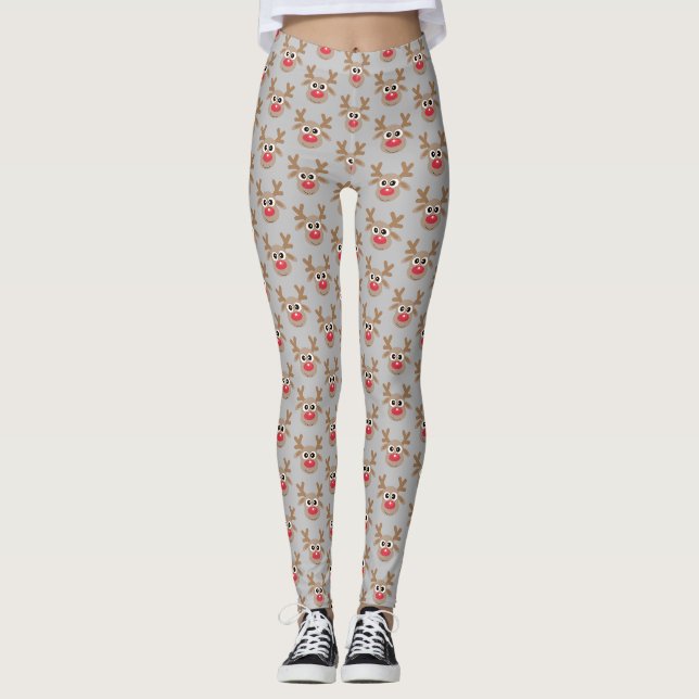 Cute Christmas Cartoon Reindeer Pattern Grey Leggings (Front)