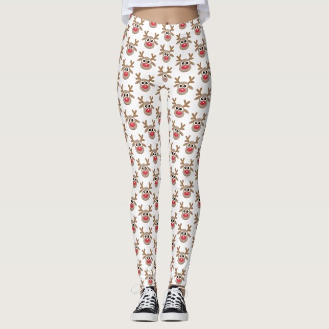 Cute Christmas Cartoon Reindeer Pattern Leggings (Front)