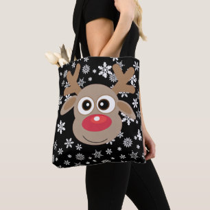 Cute Christmas Cartoon Reindeer Snowflakes Black Tote Bag