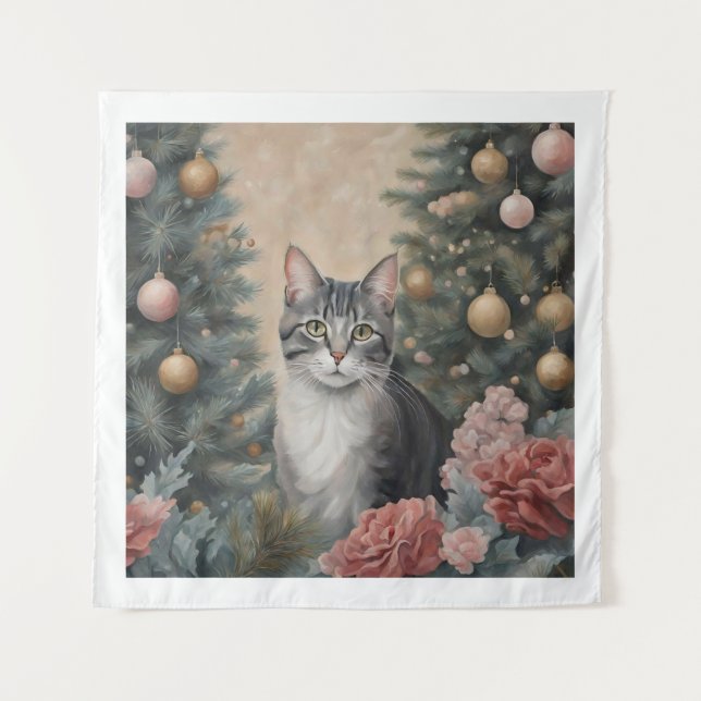 Cute Christmas Cat Amid Flowers and Trees Tapestry (Front)