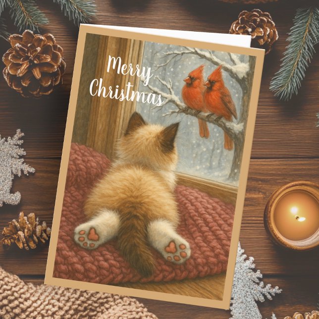 Cute Christmas Cat and Cardinal Holiday Card (Creator Uploaded)