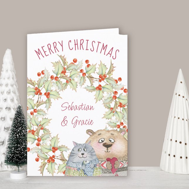 Cute Christmas Cat and Dog in Holly Wreath Holiday Card (Christmas Card for special couple. Buy professionally printed or as printable digital download.)