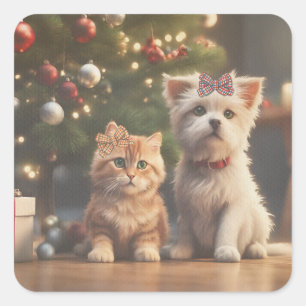 Cute Christmas Cat and Dog Lover Gifts  Square Sticker
