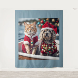 Cute Christmas Cat and Dog Sailing Vintage Tapestry