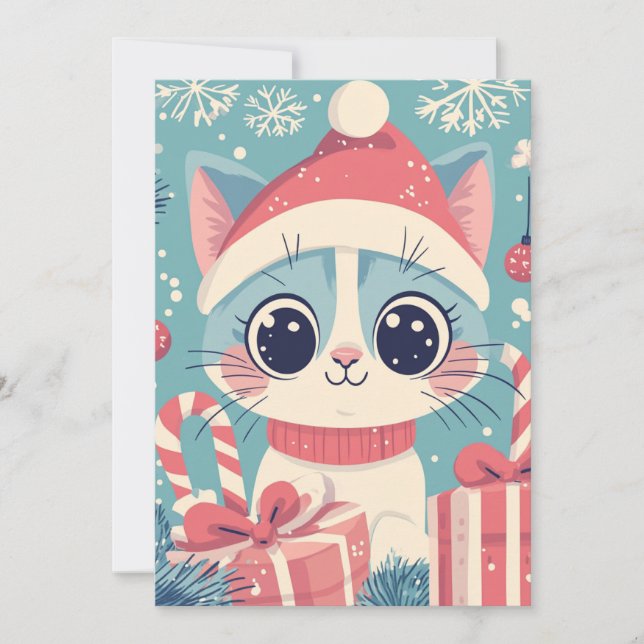 Cute Christmas Cat  Candy Canes Gifts Kawaii Holiday Card (Front)