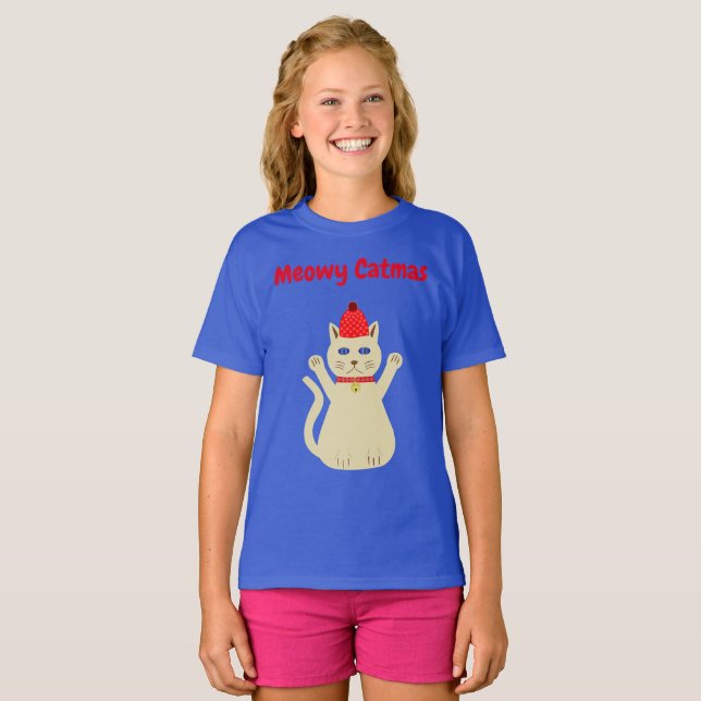 Cute Christmas Cat Custom Message T-Shirt (Front Full)