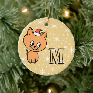 Cute Christmas Cat, Custom Monogram and Back Photo Ceramic Tree Decoration