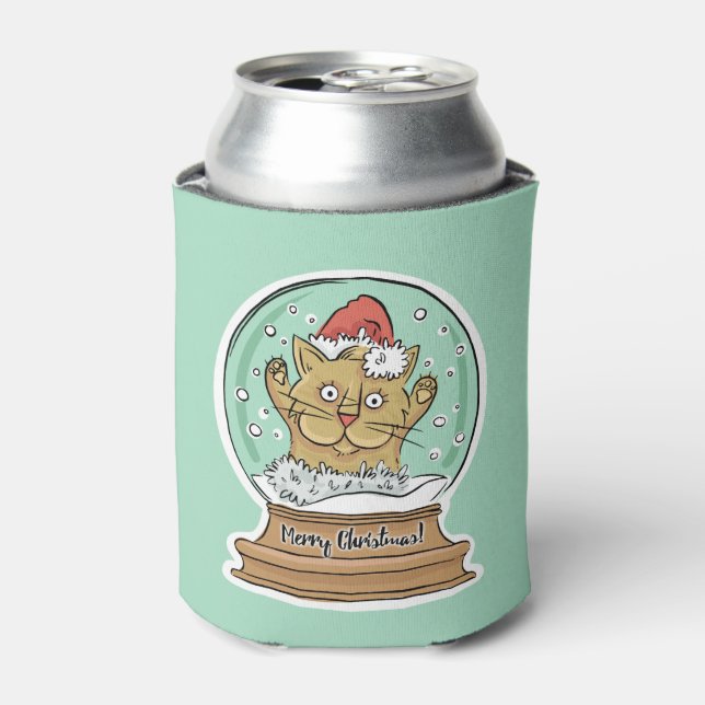 Cute Christmas Cat custom monogram can cooler (Can Front)