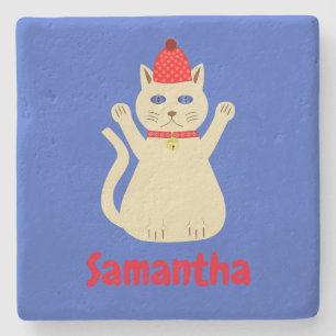 Cute Christmas Cat Custom Name Stone Coaster