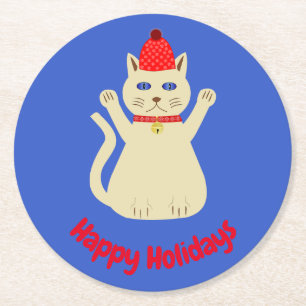 Cute Christmas Cat Custom Round Paper Coaster