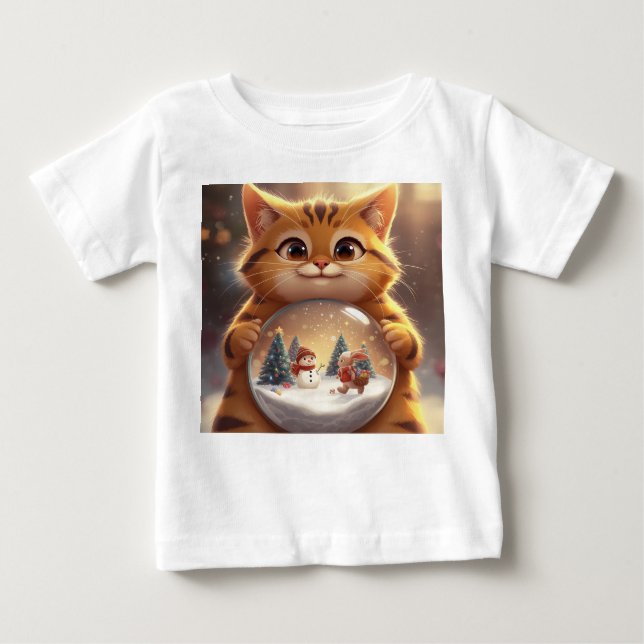 Cute Christmas Cat Holding Snow Globe Art Baby T-S Baby T-Shirt (Front)