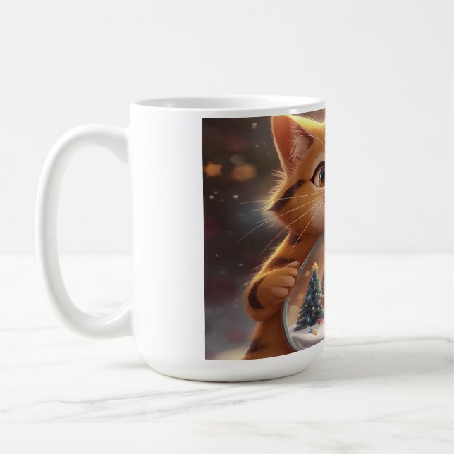 Cute Christmas Cat Holding Snow Globe Art Coffee Mug (Left)