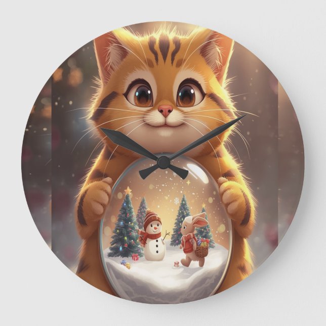 Cute Christmas Cat Holding Snow Globe Art Large Clock (Front)