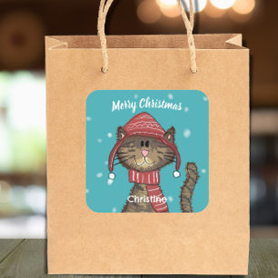 Cute Christmas Cat Holiday Personalised  Square Sticker