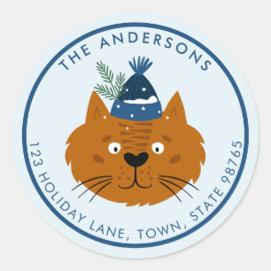 Cute Christmas Cat in Blue Knit Hat Customisable Classic Round Sticker