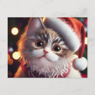 Cute Christmas Cat in Santa's Red Hat Holiday Postcard