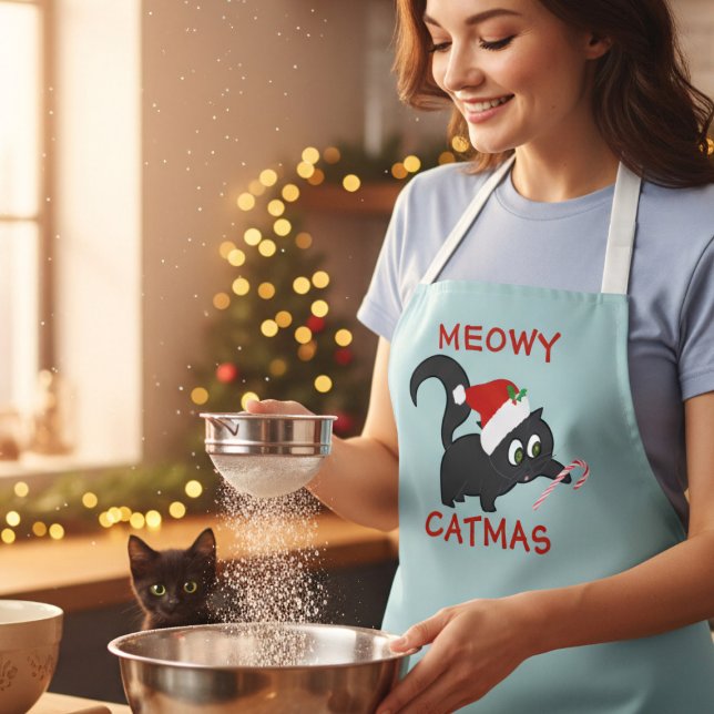 Cute Christmas Cat Meowy Catmas Holiday Apron (Black Cat Approved Christmas Apron)