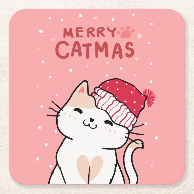 Cute Christmas Cat Merry Catmas Santa Hat Kitten  Square Paper Coaster (Front)