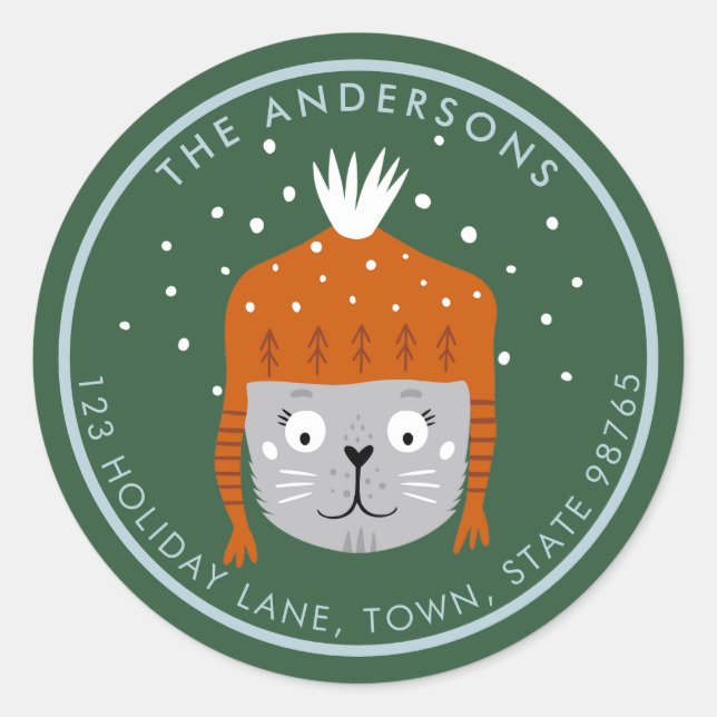 Cute Christmas Cat Orange Hat Green Customisable Classic Round Sticker (Front)