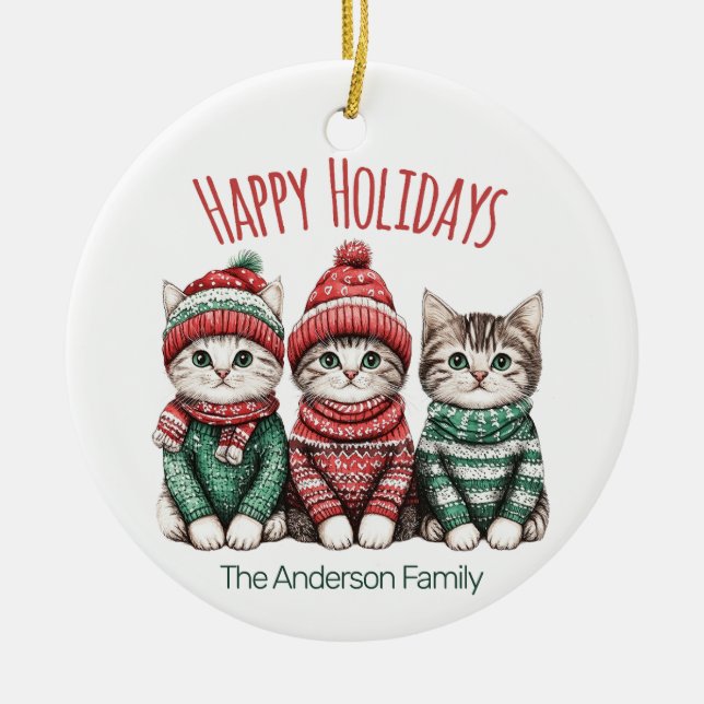 Cute Christmas Cat Ornament | Custom Family Name (Front)