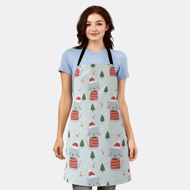 Cute Christmas Cat Pattern – Festive Holiday  Apron (Worn)