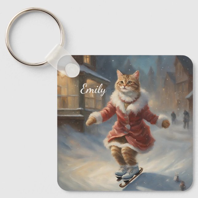 Cute Christmas Cat Skating Playfully Key Ring (Front)