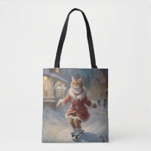 Cute Christmas Cat Skating Playfully Tote Bag