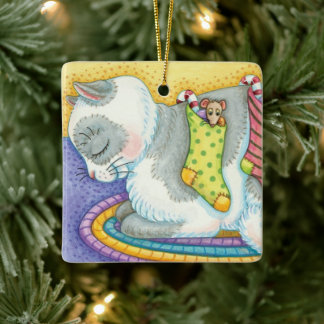 Cute Christmas Cat Sleeping with Mice in Stockings Ceramic Ornament